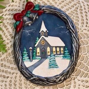 Vintage Snowy Christmas Church Scene Ceramic Wall Plaque Handpainted